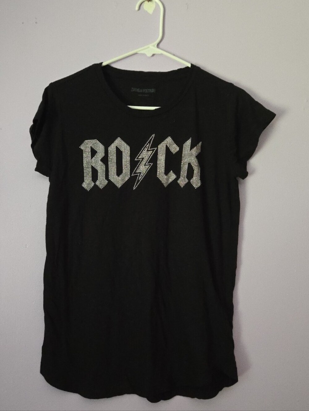 Zadig & Voltaire Black Short-Sleeve Graphic Tee with Silver Rhinestone 'ROCK'